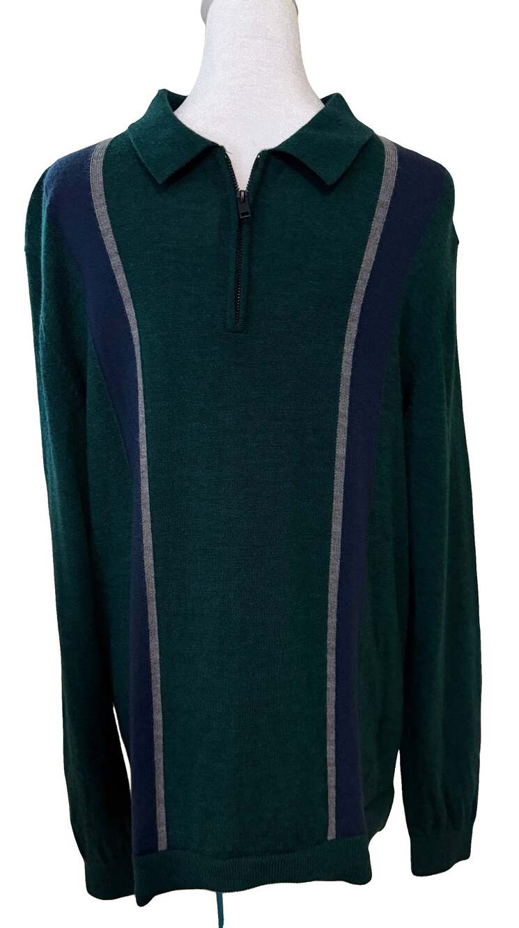 Express Men’s Large Merino Wool Sweater Green 1/4 Zip Colorblock Polo L